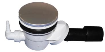 Brausetassensiphon DN40/50 mit Drehgelenk für Ablauföffnungen d 90mm, Waschgeräte-Anschlussknie HL19.2 geruchsgesichert und Abdeckplatte Edelstahl d 112mm HL522V